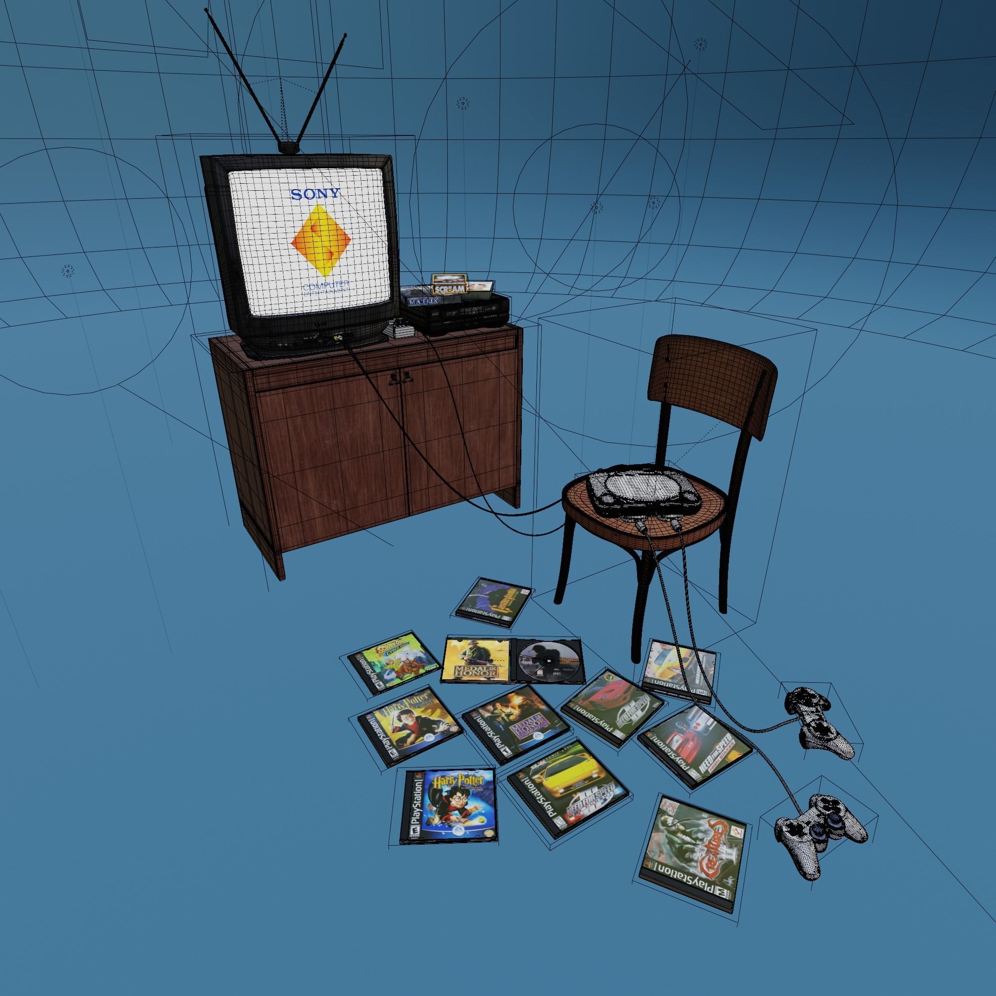 Sony PlayStation one in retro setting with a TV and VHS playe 3D model_5