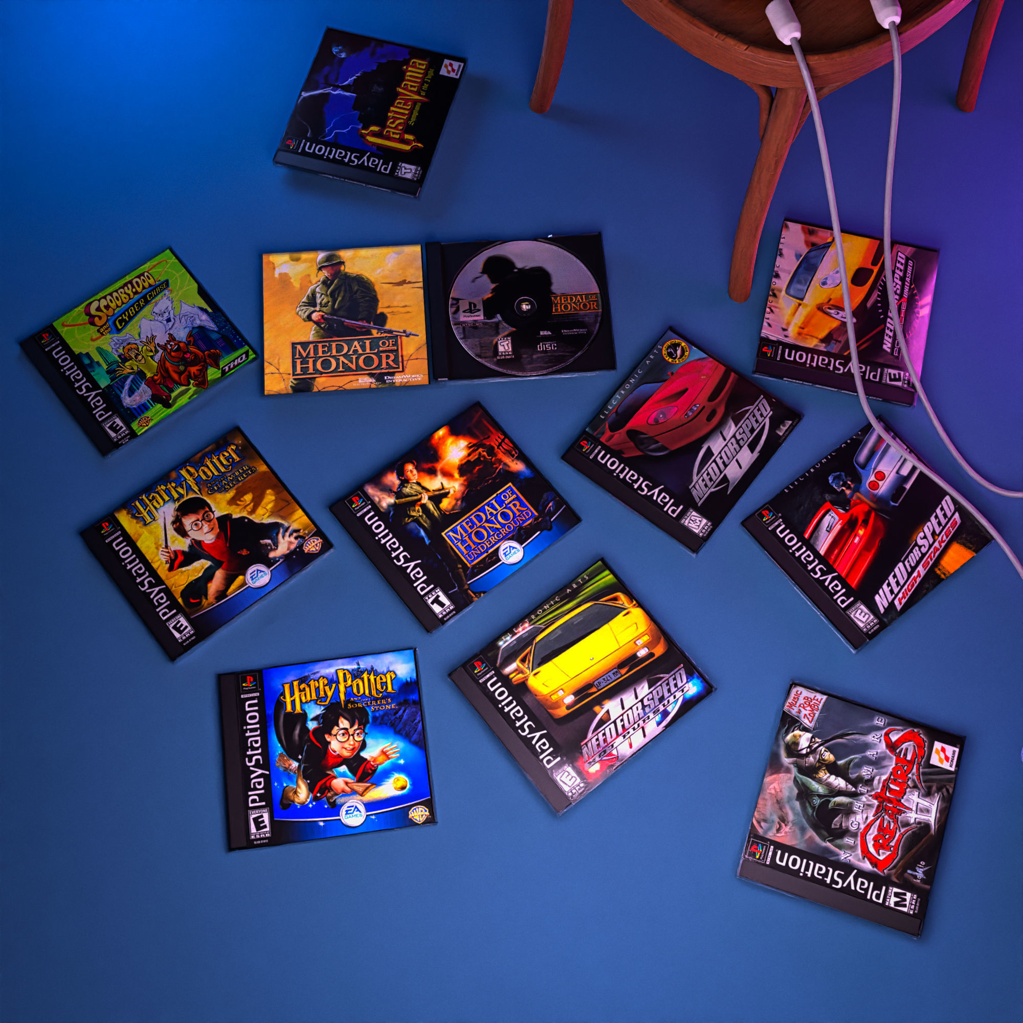 Sony PlayStation one in retro setting with a TV and VHS playe 3D model_8