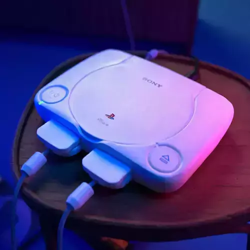 Sony PlayStation one in retro setting with a TV and VHS playe 3D model