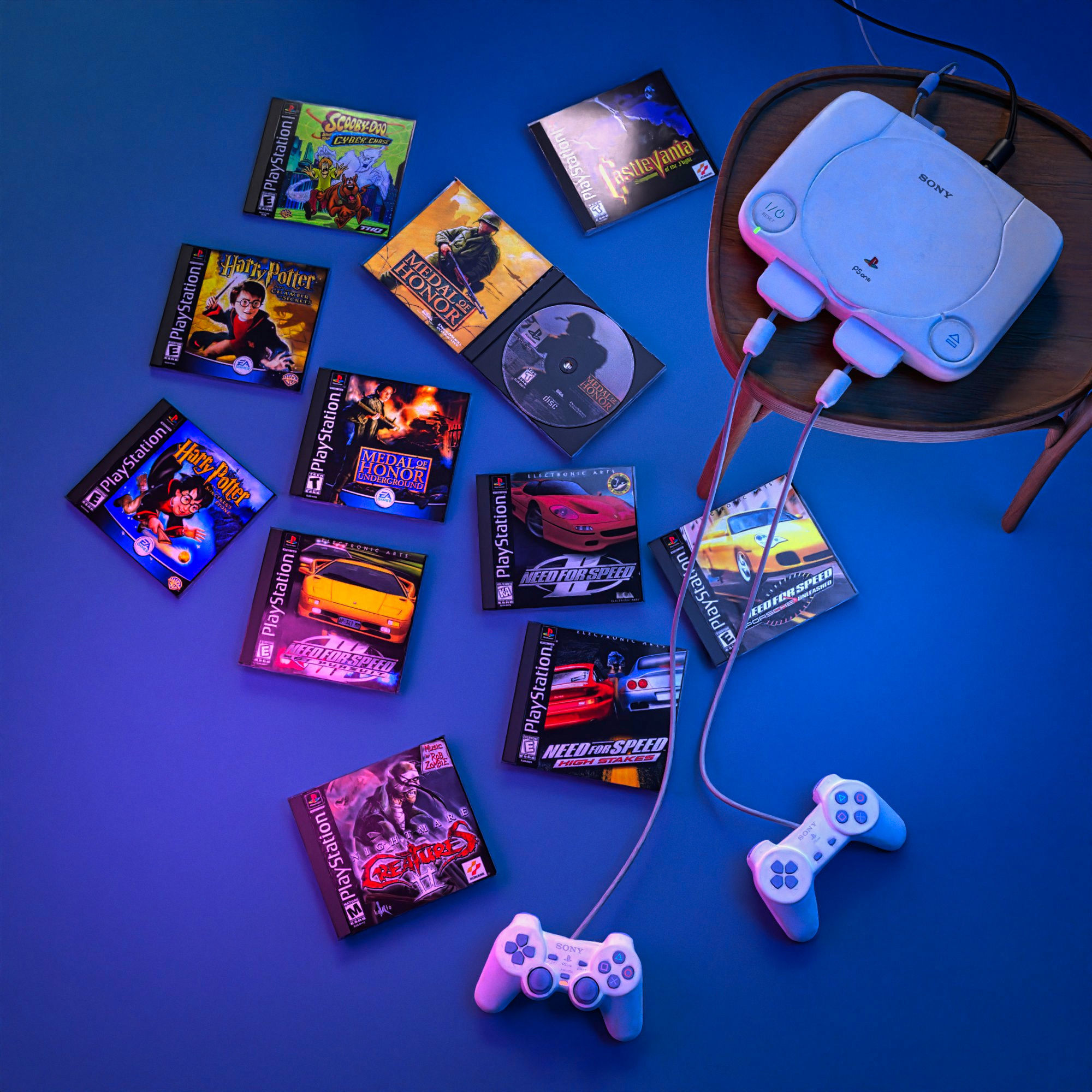 Sony PlayStation one in retro setting with a TV and VHS playe 3D model_7