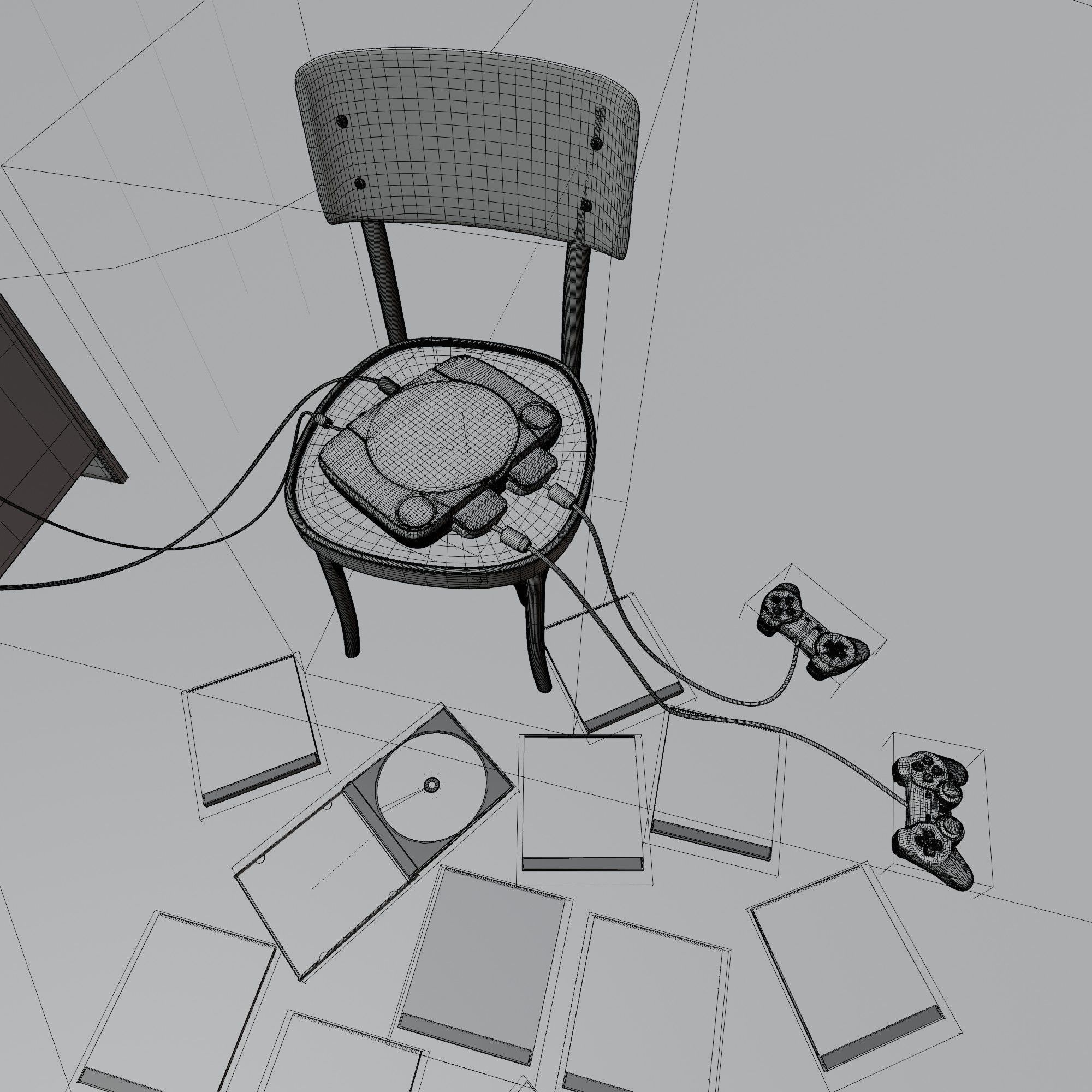 Sony PlayStation one in retro setting with a TV and VHS playe 3D model_3