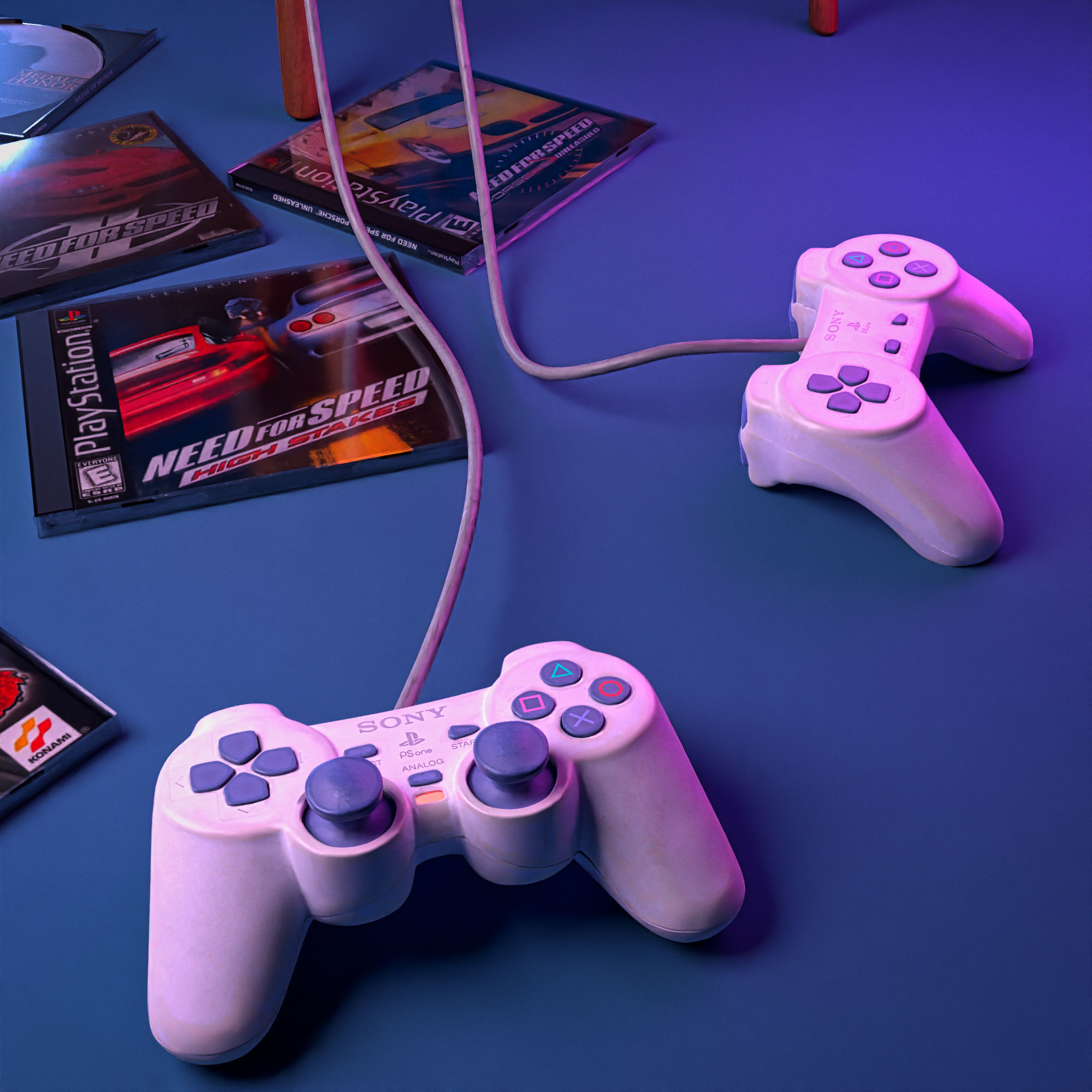 Sony PlayStation one in retro setting with a TV and VHS playe 3D model_9