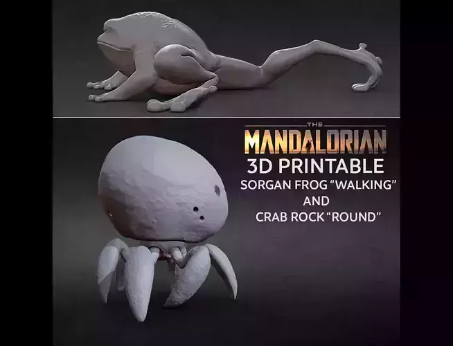 3D PRINTABLE CRAB ROCK ROUND AND SORGAN FROG WALKING MANDALORIAN