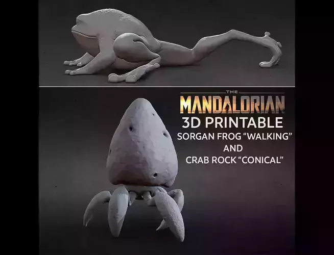 3D PRINTABLE CRAB ROCK CONIC AND SORGAN FROG WALKING MANDALORIAN