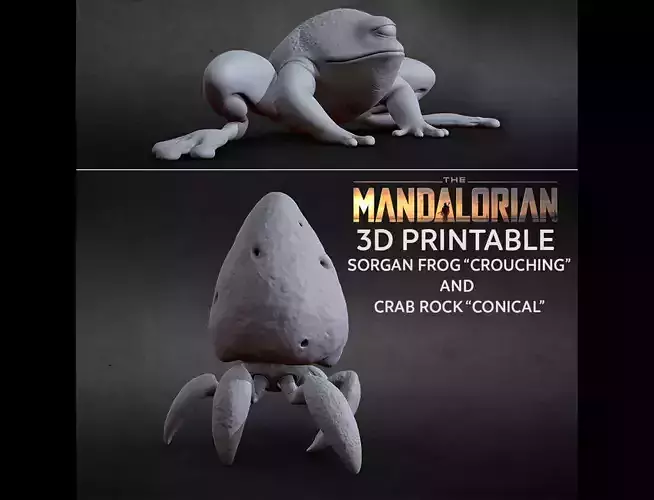3D PRINTABLE CRAB ROCK CONIC AND SORGAN FROG CROUCH MANDALORIAN