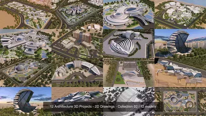 12 Architecture 3D Projects - 2D Drawings - Collection 02