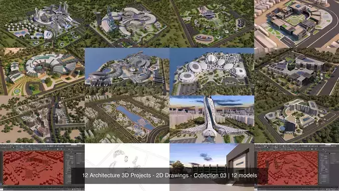 12 Architecture 3D Projects - 2D Drawings - Collection 03