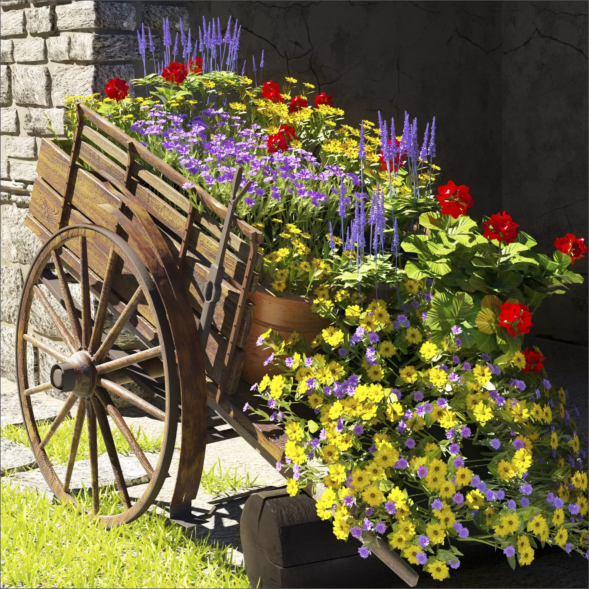Bullock kart with Flower pots 3D model