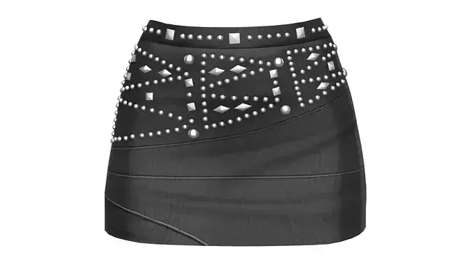 Female Black Leather Mini Skirt With Studs