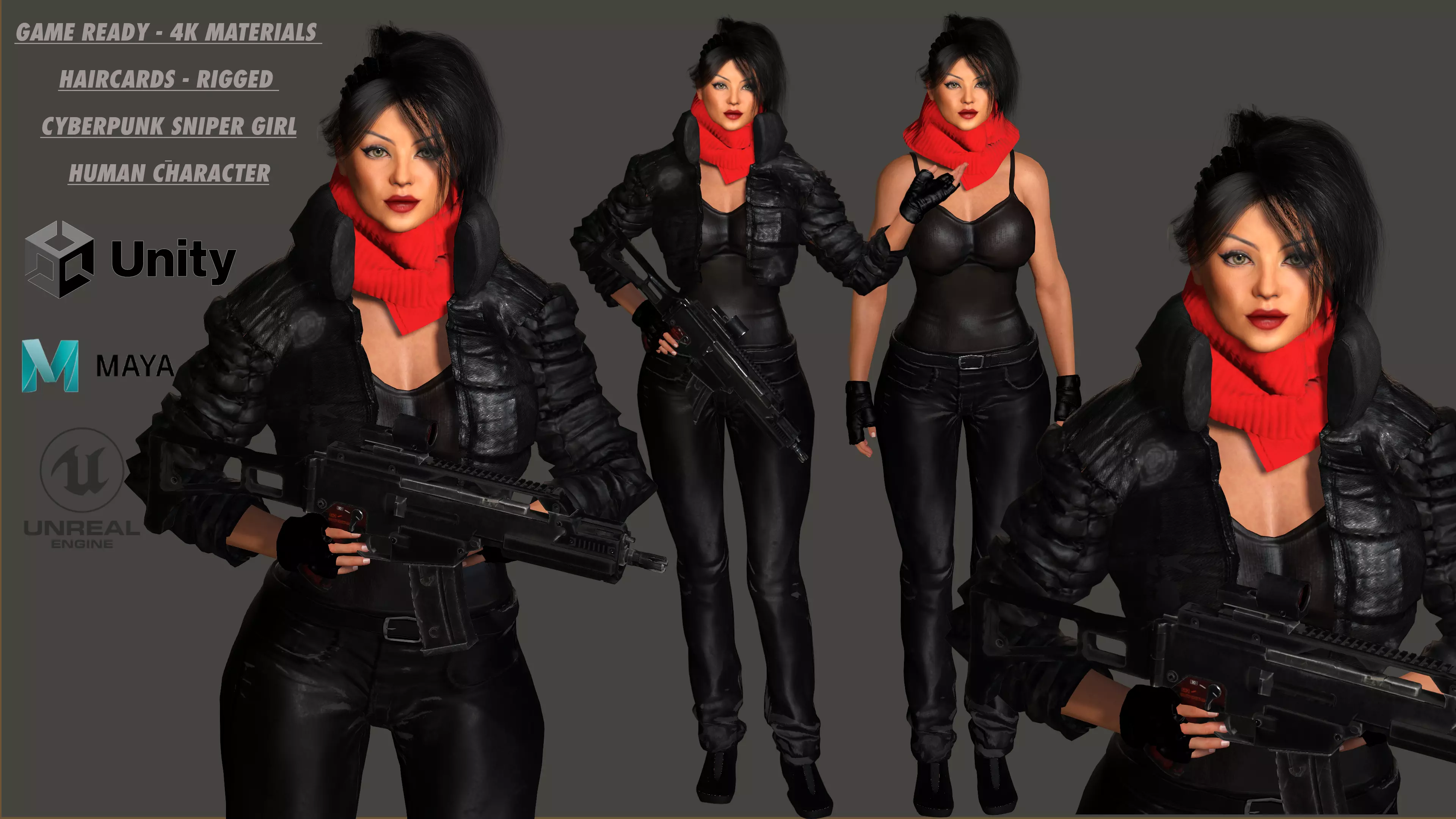 3D REALISTIC RIGGED CHARACTER - CYBERPUNK SNIPER TALL CURVY BODY Low-poly 3D model_0