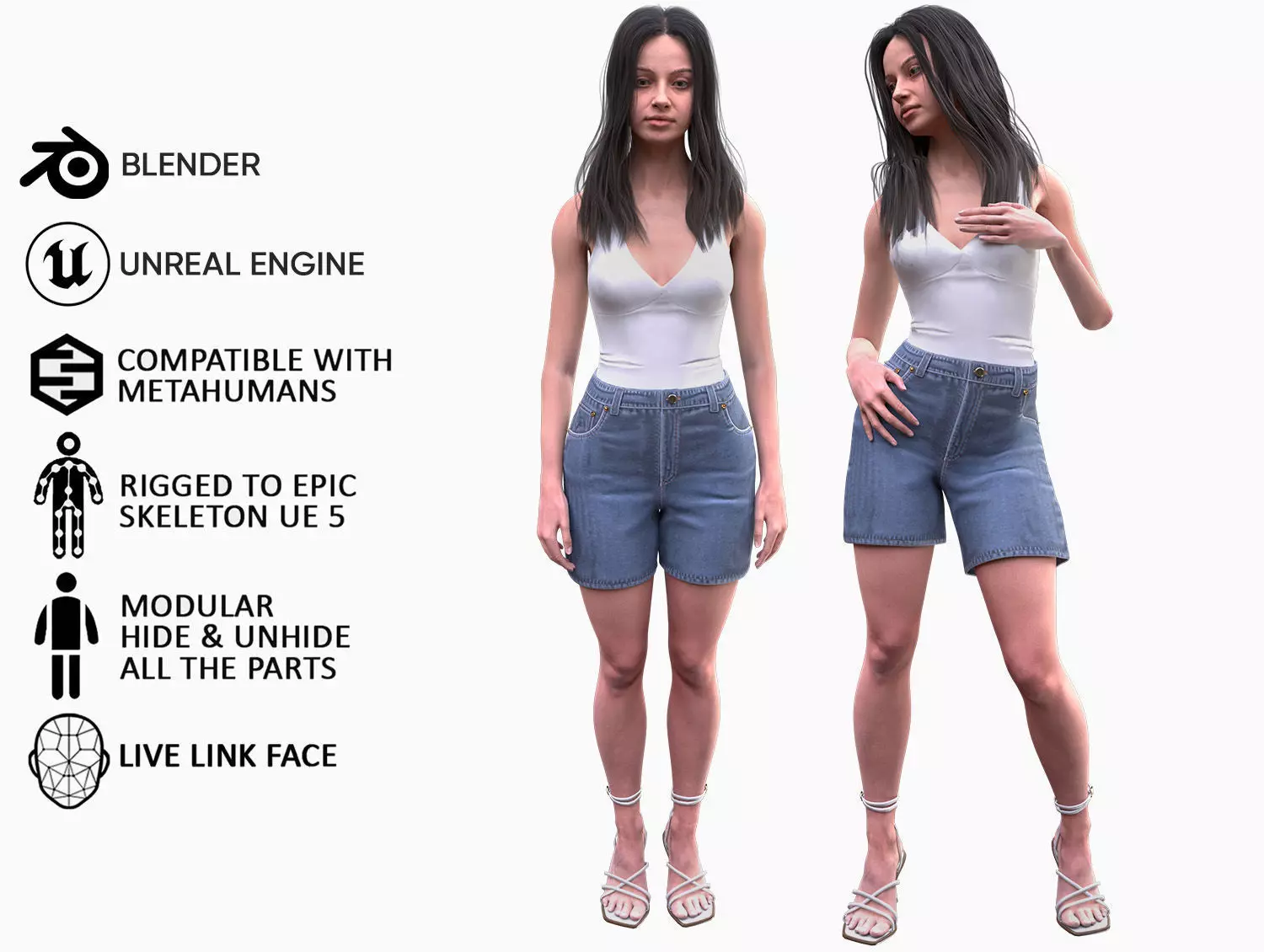 Woman - Summer Outfit - Modular - Rigged - Animated Low-poly 3D model_0