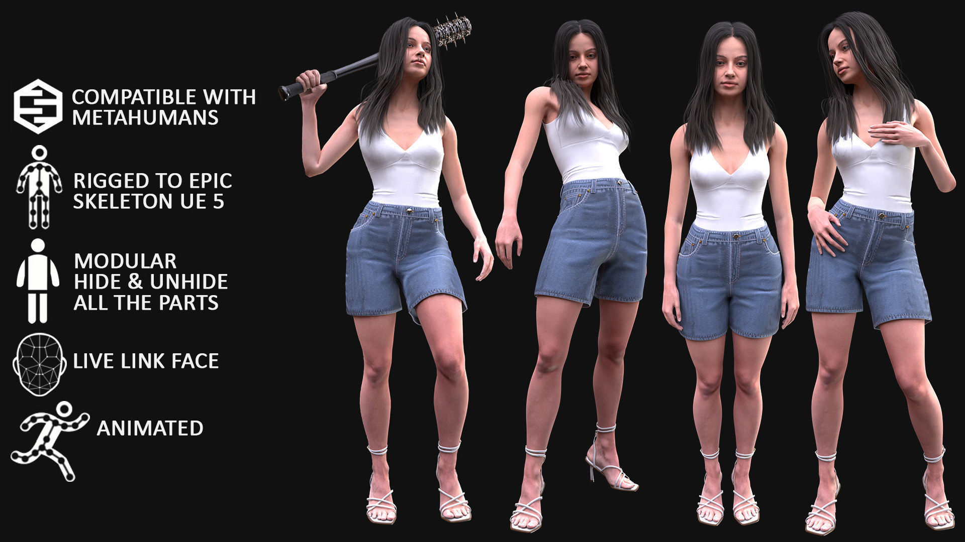 Woman - Summer Outfit - Modular - Rigged - Animated Low-poly 3D model_4