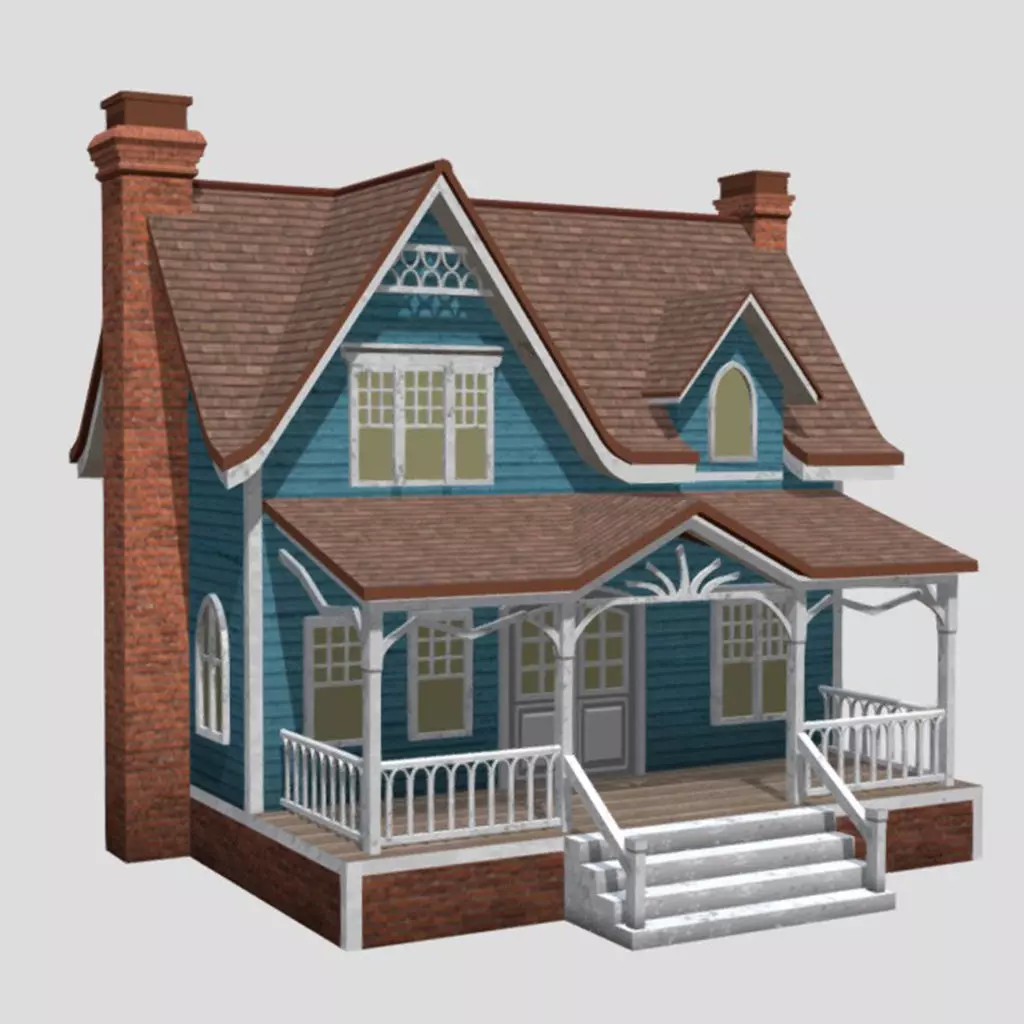 American Style Cottage - Town House Model Low-poly 3D model_0