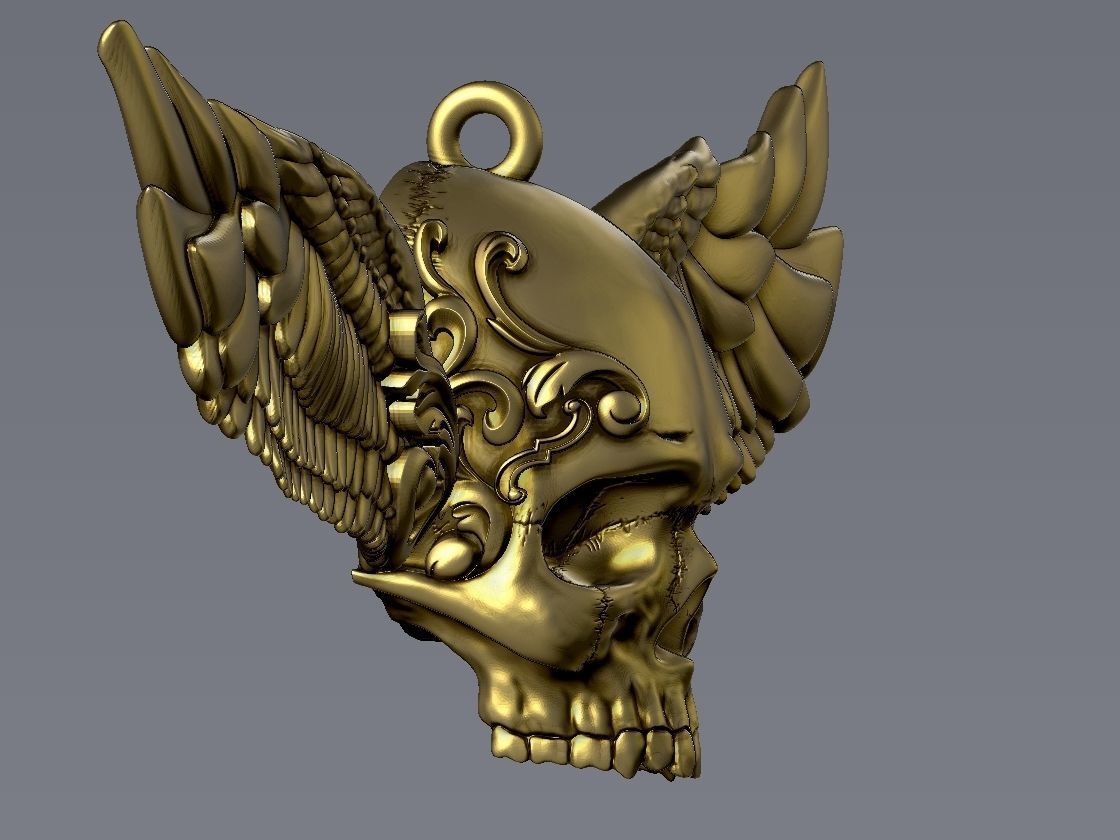 Ornamental Skull with Wings Pendant 3D print model_4