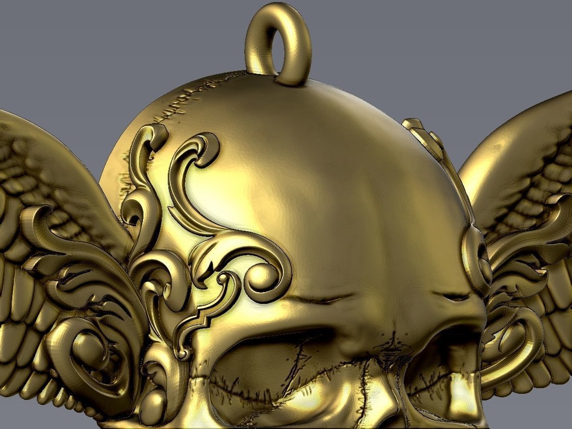 Ornamental Skull with Wings Pendant 3D print model_1