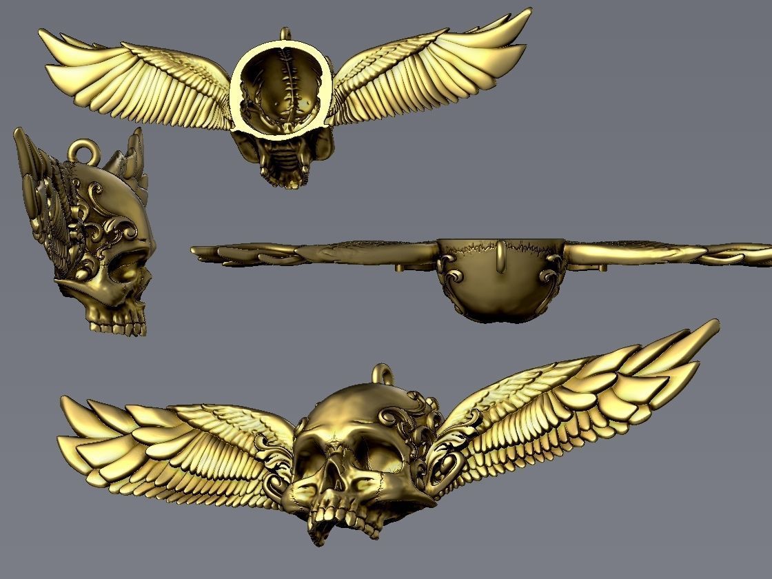 Ornamental Skull with Wings Pendant 3D print model_3