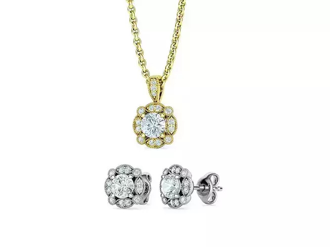 Artdeco Diamond Pendant and Stud Earrings Collection