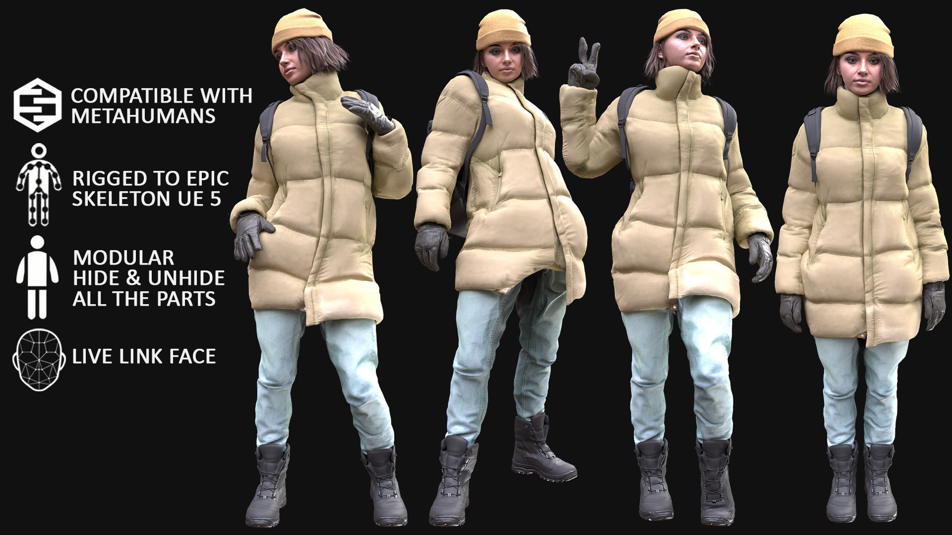 Woman in Winter Outfit 4 - Modular - Rigged Low-poly 3D model_3