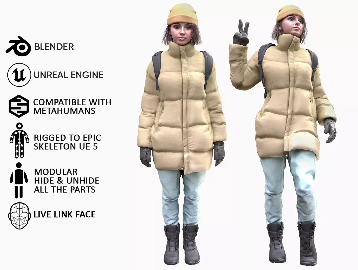 Woman in Winter Outfit 4 - Modular - Rigged Low-poly 3D model_0