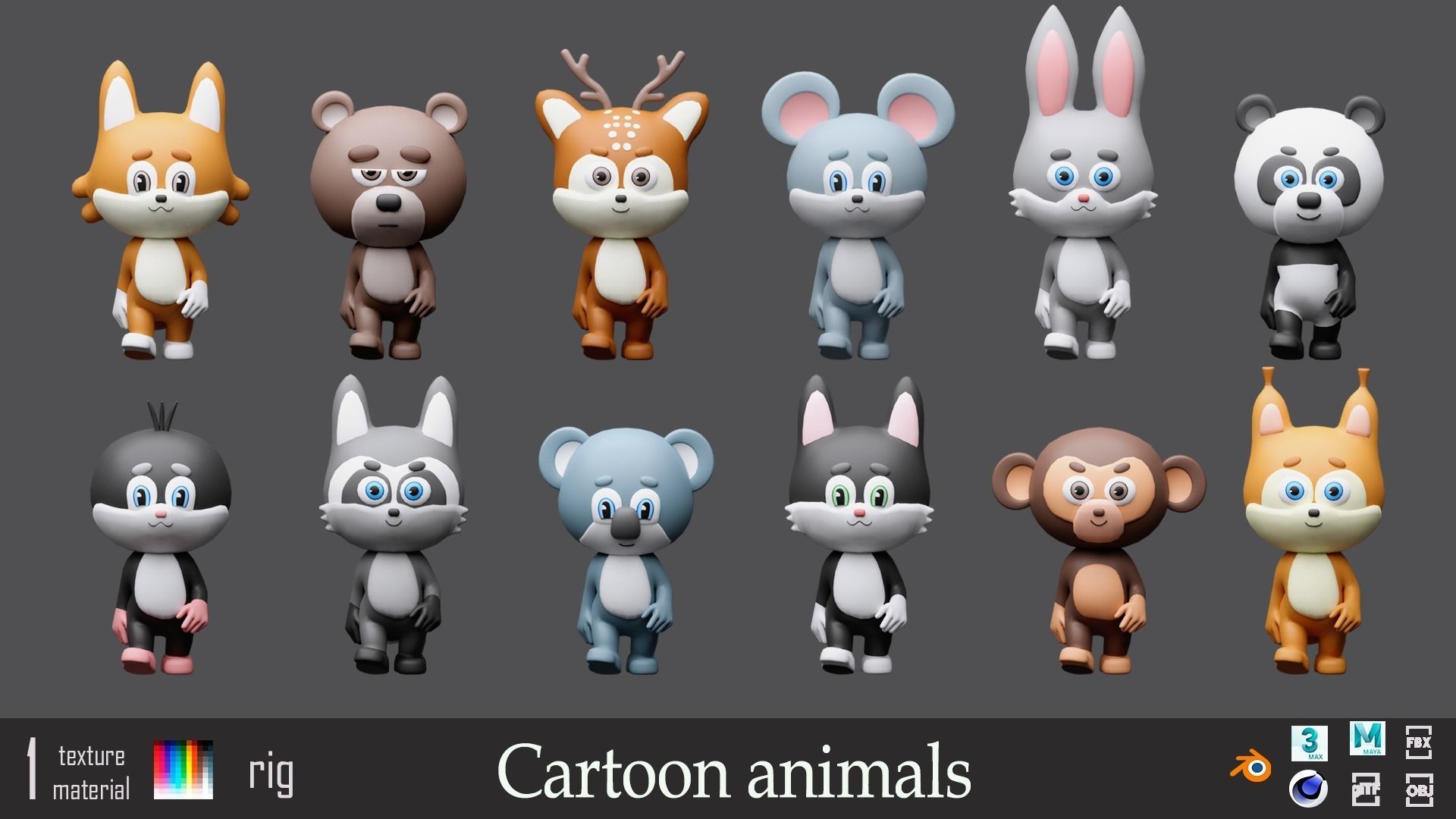 Cartoon character animals Low-poly 3D model_0