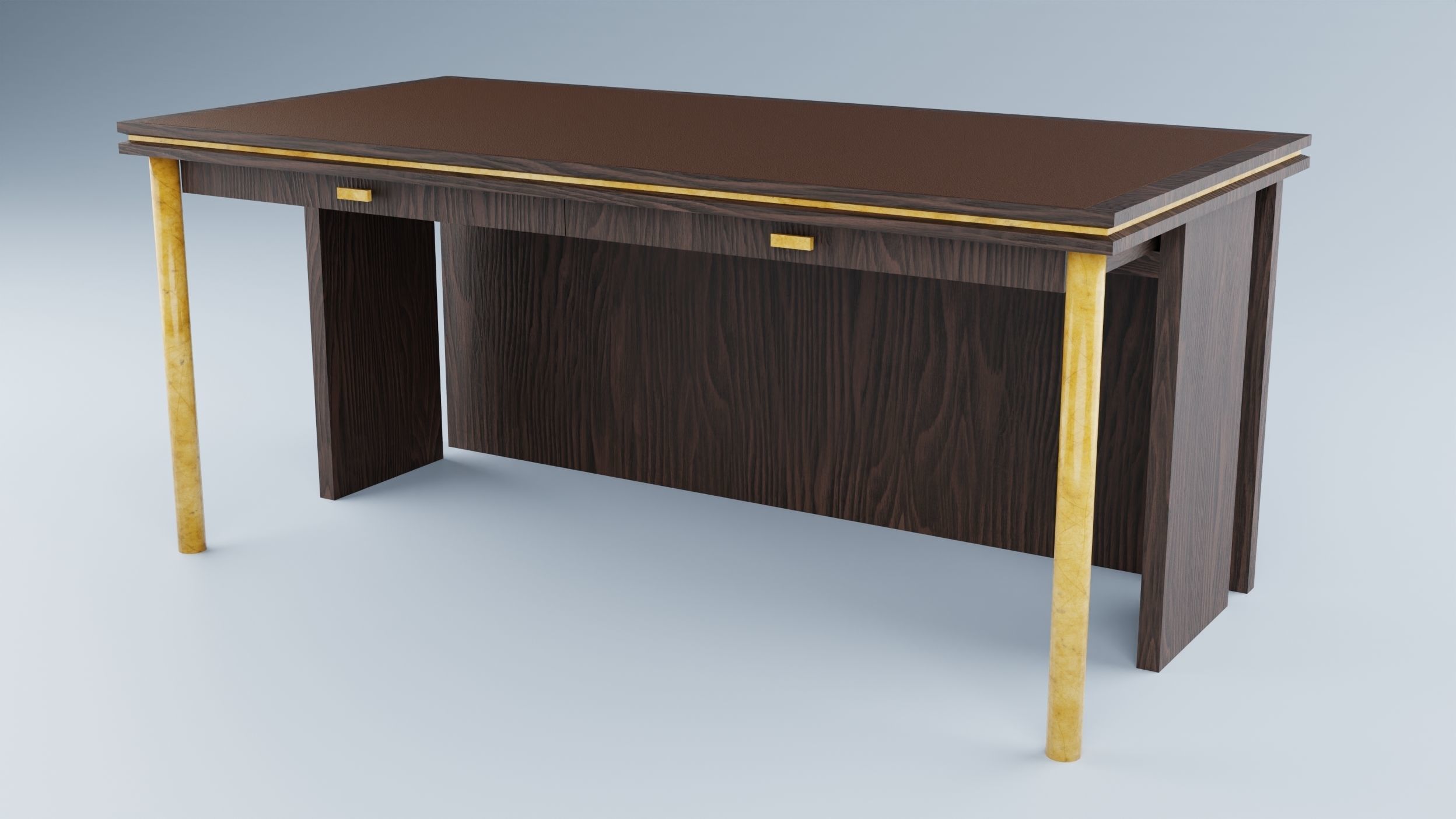 Desk with drawers in dark wood and gold low-poly Low-poly 3D model_1