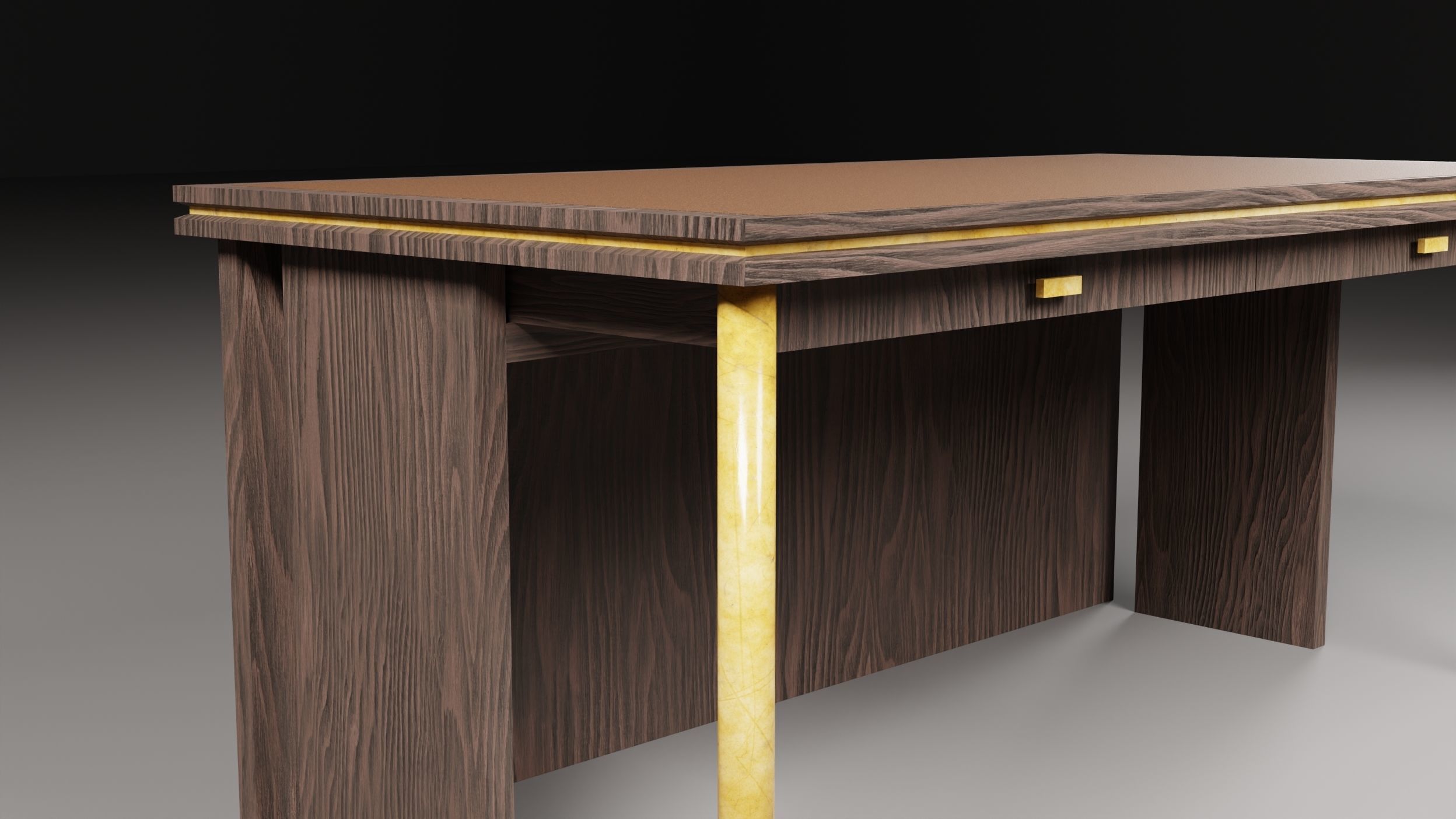 Desk with drawers in dark wood and gold low-poly Low-poly 3D model_11