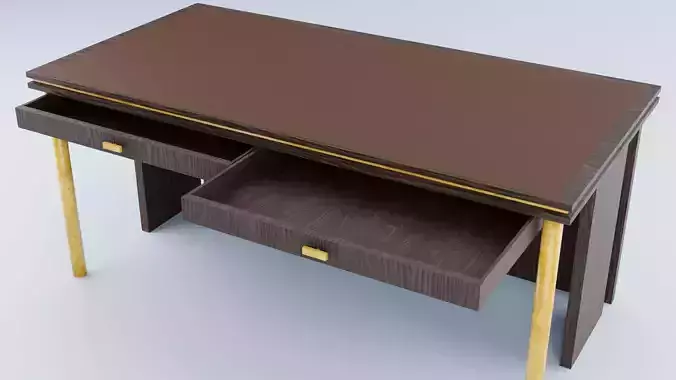Desk with drawers in dark wood and gold low-poly