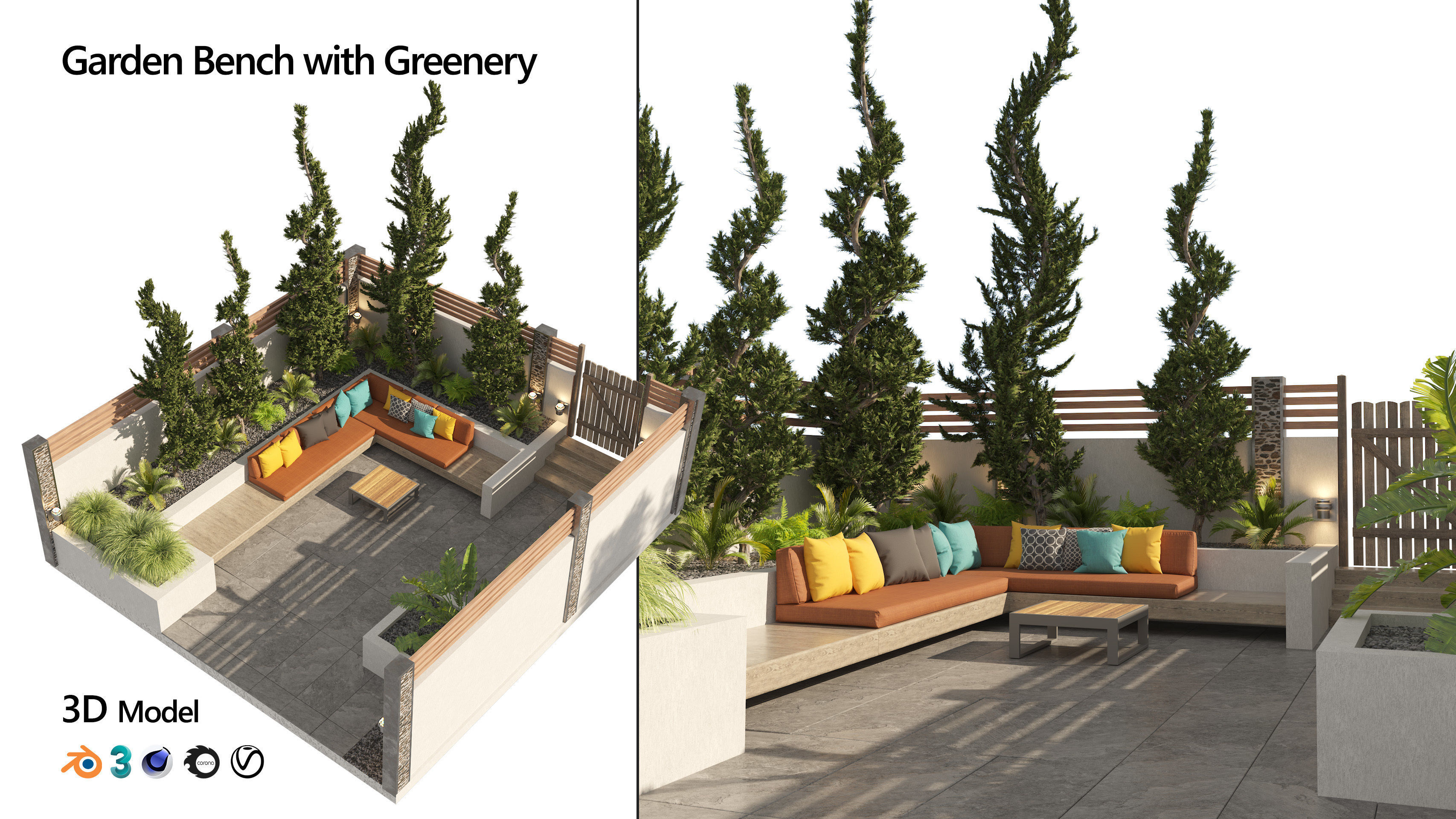 Garden bench with greenery 3D model_6