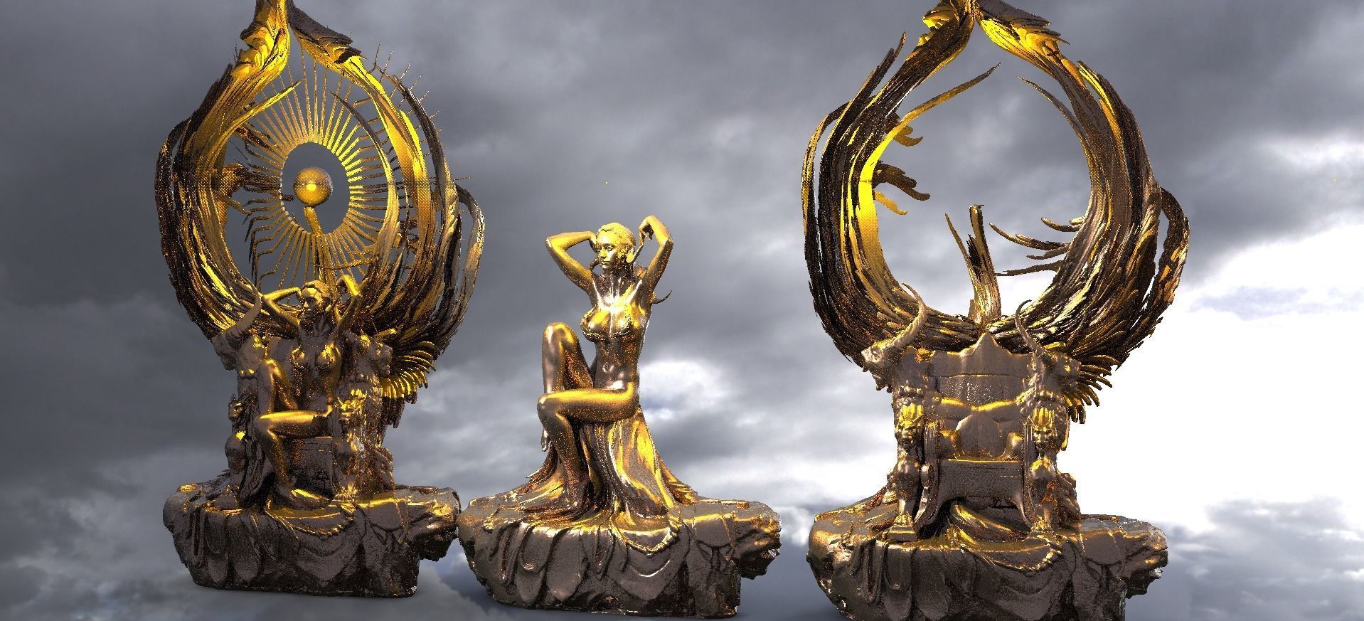 Earth Throne Queen 3 sculptures 3D model_1