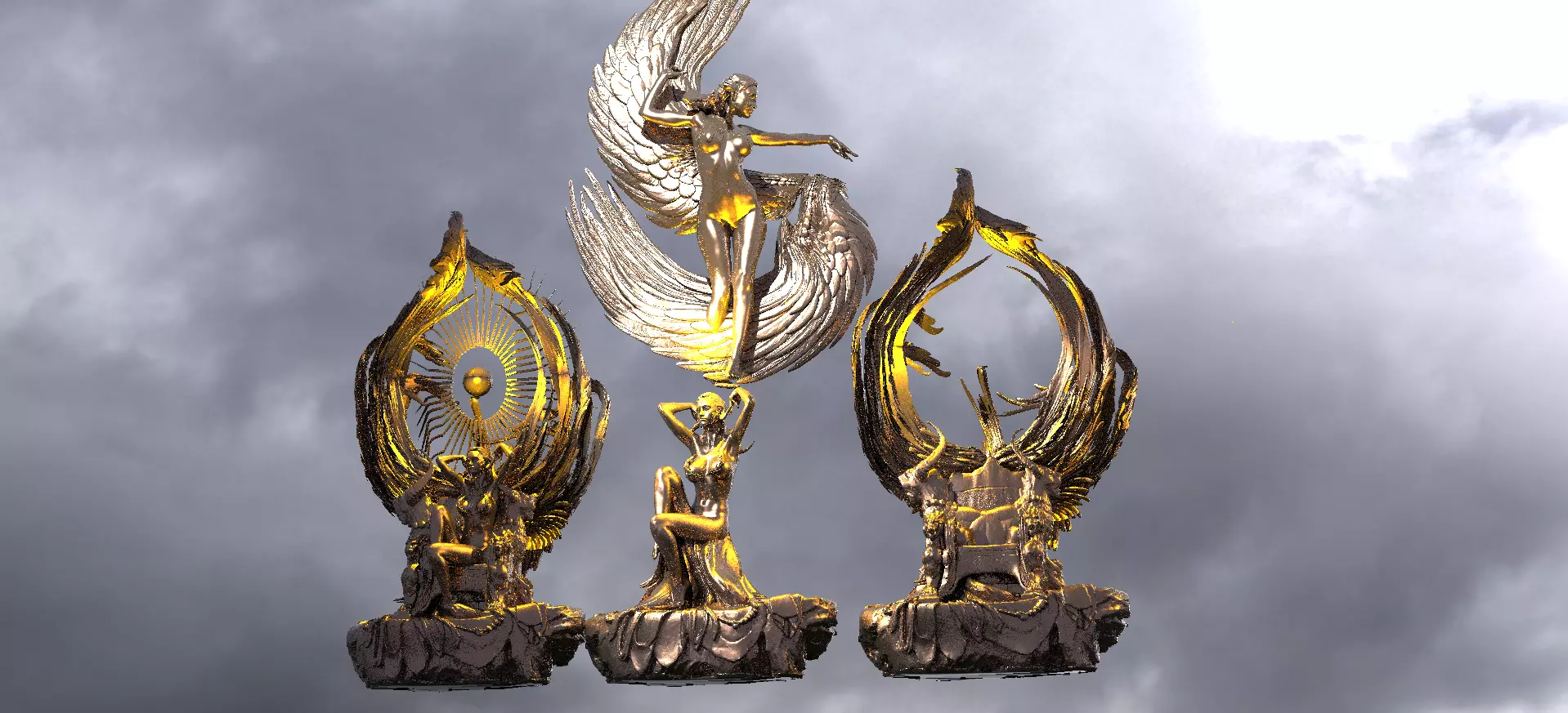 Earth Throne Queen  sculptures with Wind Sculpture  3D model_0