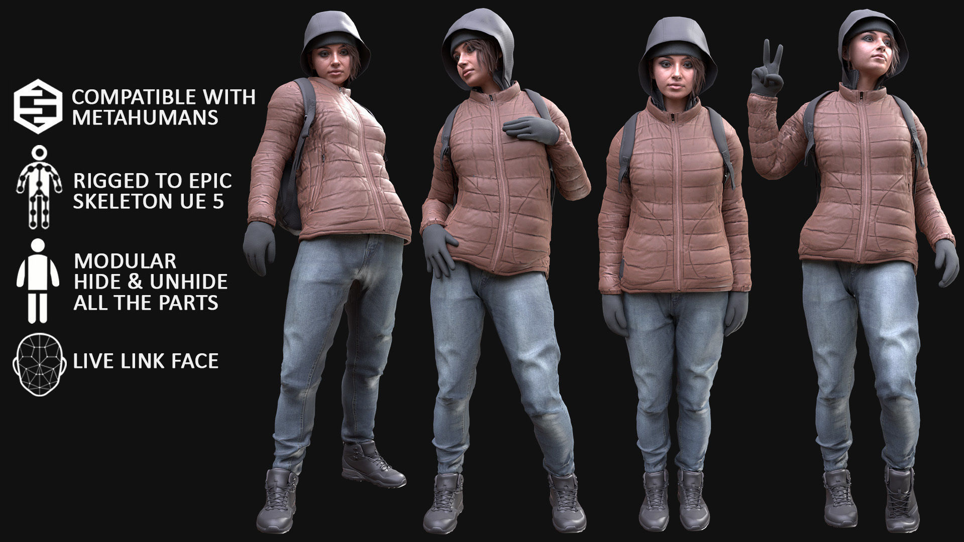 Woman in Winter Outfit 3 - Modular - Rigged Low-poly 3D model_4
