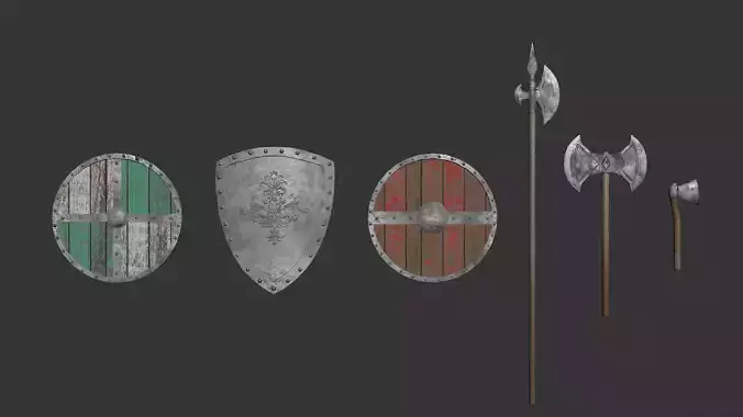 Small PBR Axes and Shields kit Low-poly 3D model