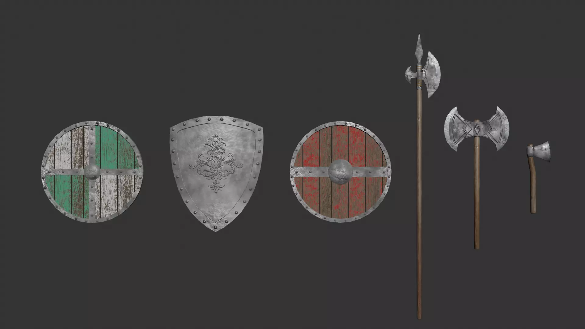 Small PBR Axes and Shields kit Low-poly 3D model_0