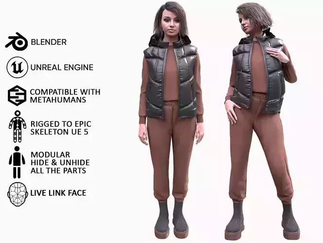 Woman in Autumn Outfit - Modular - Rigged Low-poly 3D model