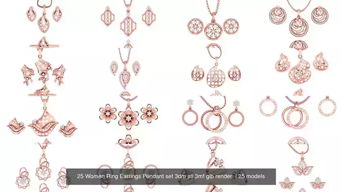 25 Women Ring Earrings Pendant set 3dm stl 3mf glb render  3D Model Collection