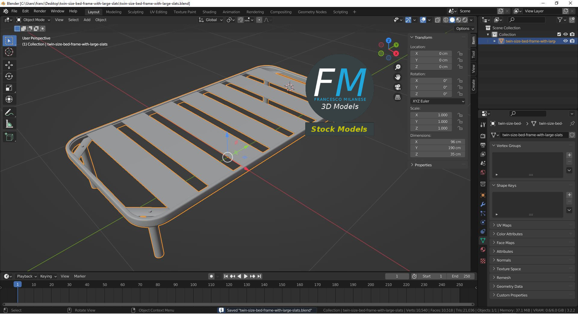 Twin size bed frame with large slats 3D model_9