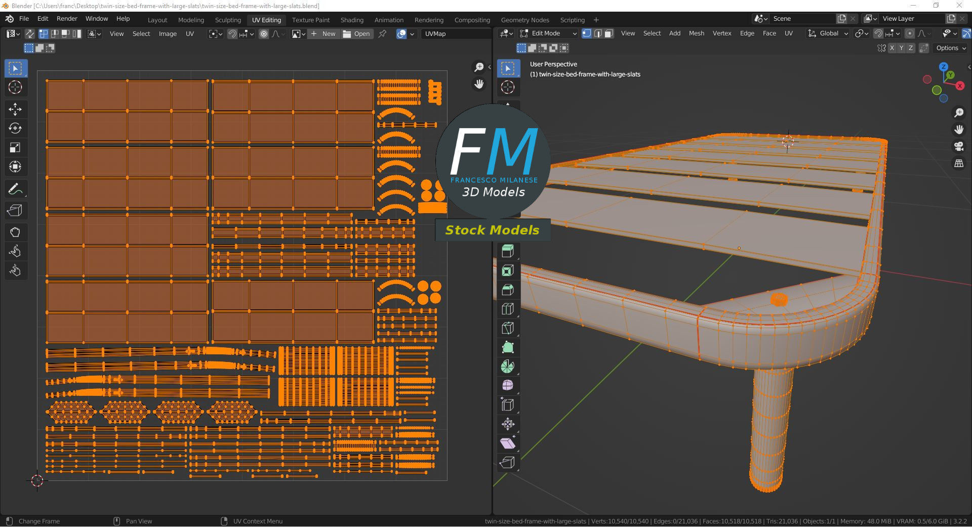 Twin size bed frame with large slats 3D model_10