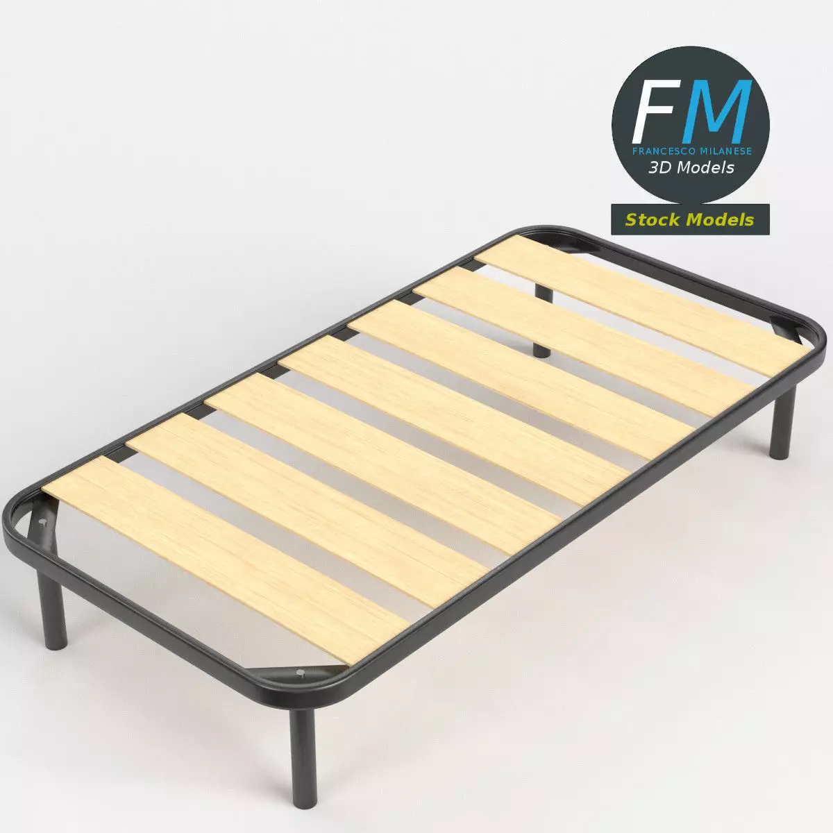 Twin size bed frame with large slats 3D model_0