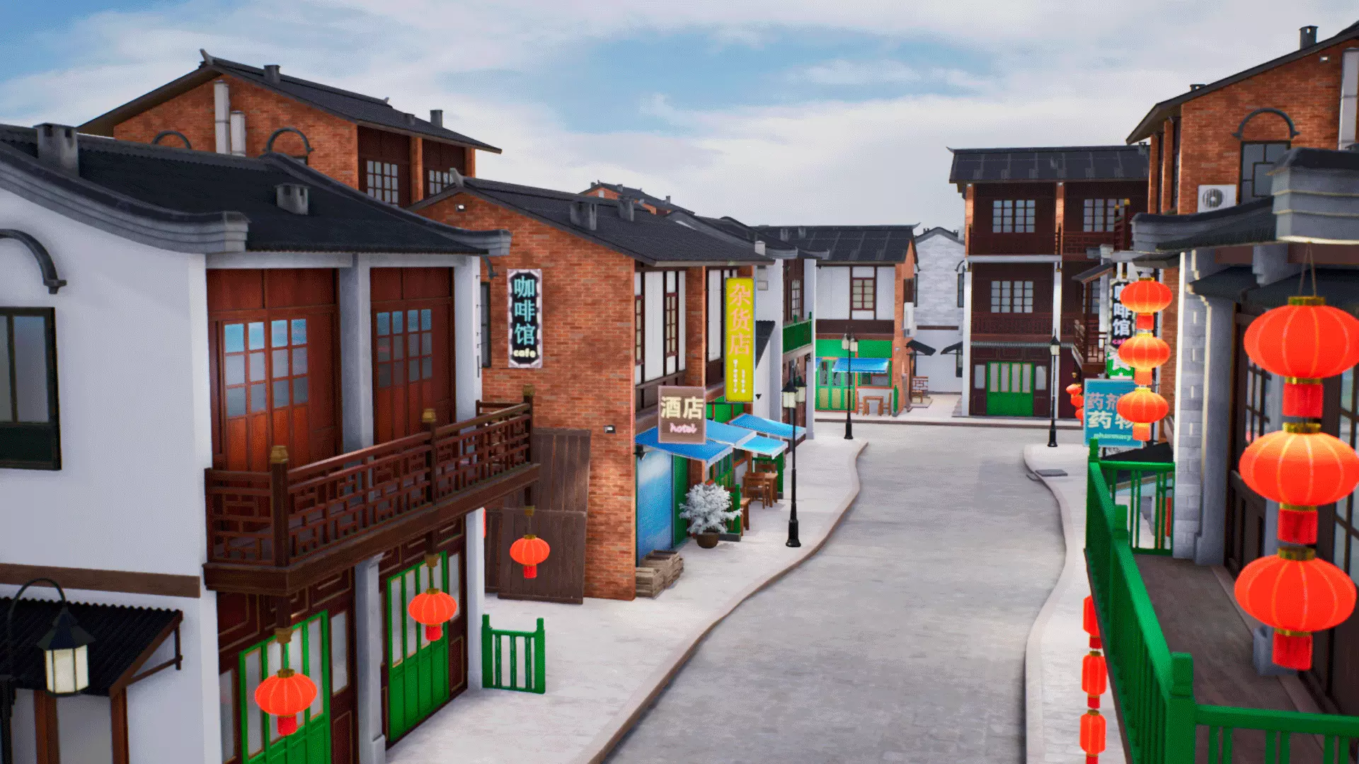 Chinese street - modular city Low-poly 3D model_0