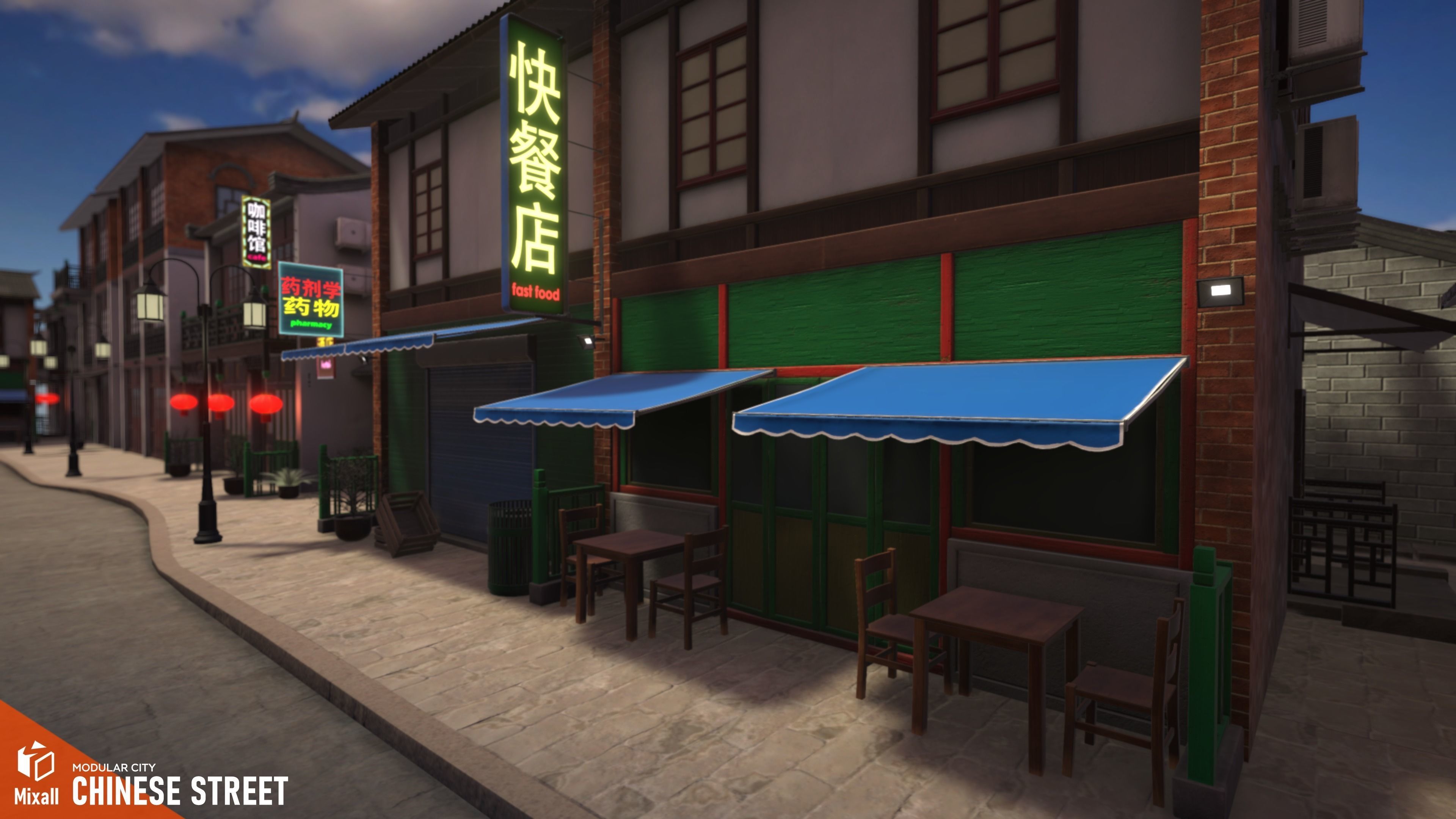 Chinese street - modular city Low-poly 3D model_4