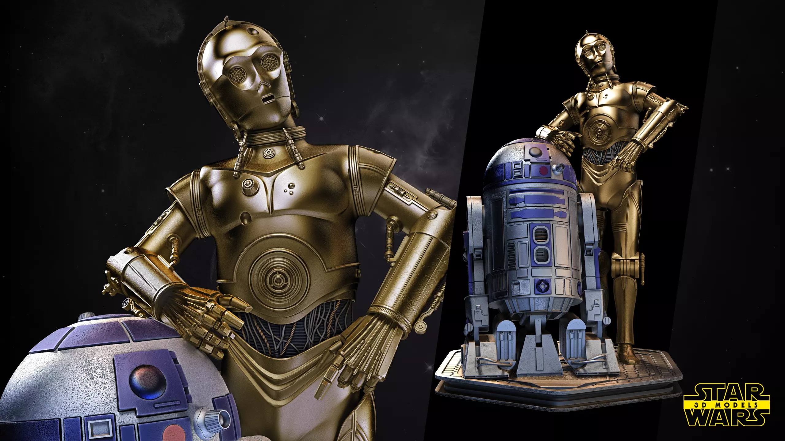 C3P0 AND R2D2 Sculpture Star Wars 3D Models 3D print model_0