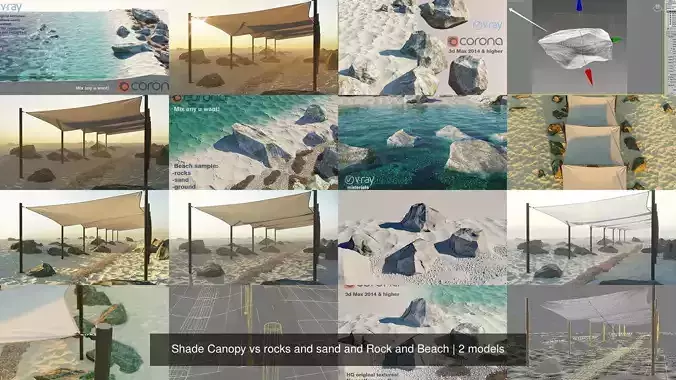 Shade Canopy vs rocks and sand and Rock and Beach 3D Model Collection