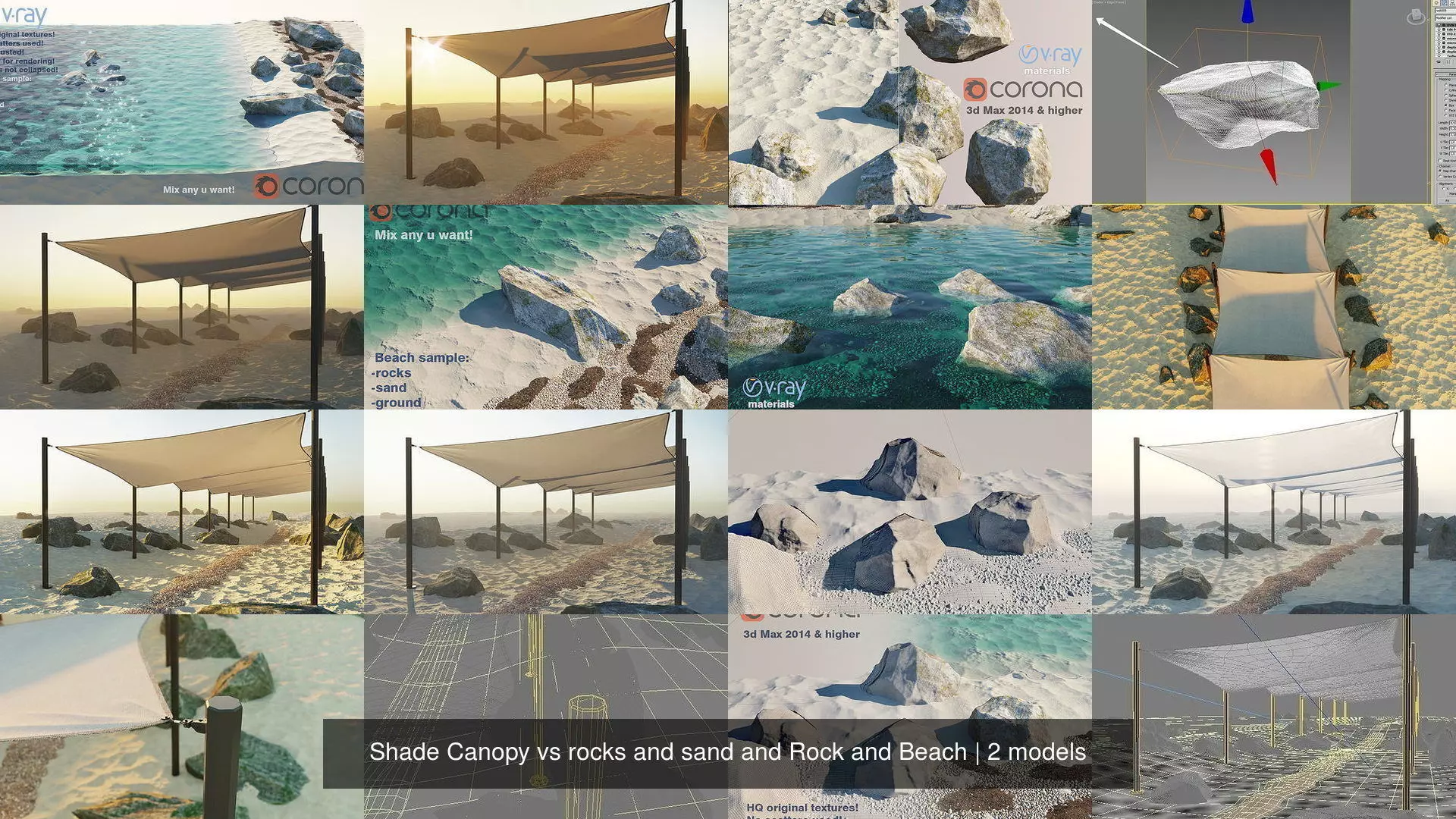 Shade Canopy vs rocks and sand and Rock and Beach 3D Model Collection_0