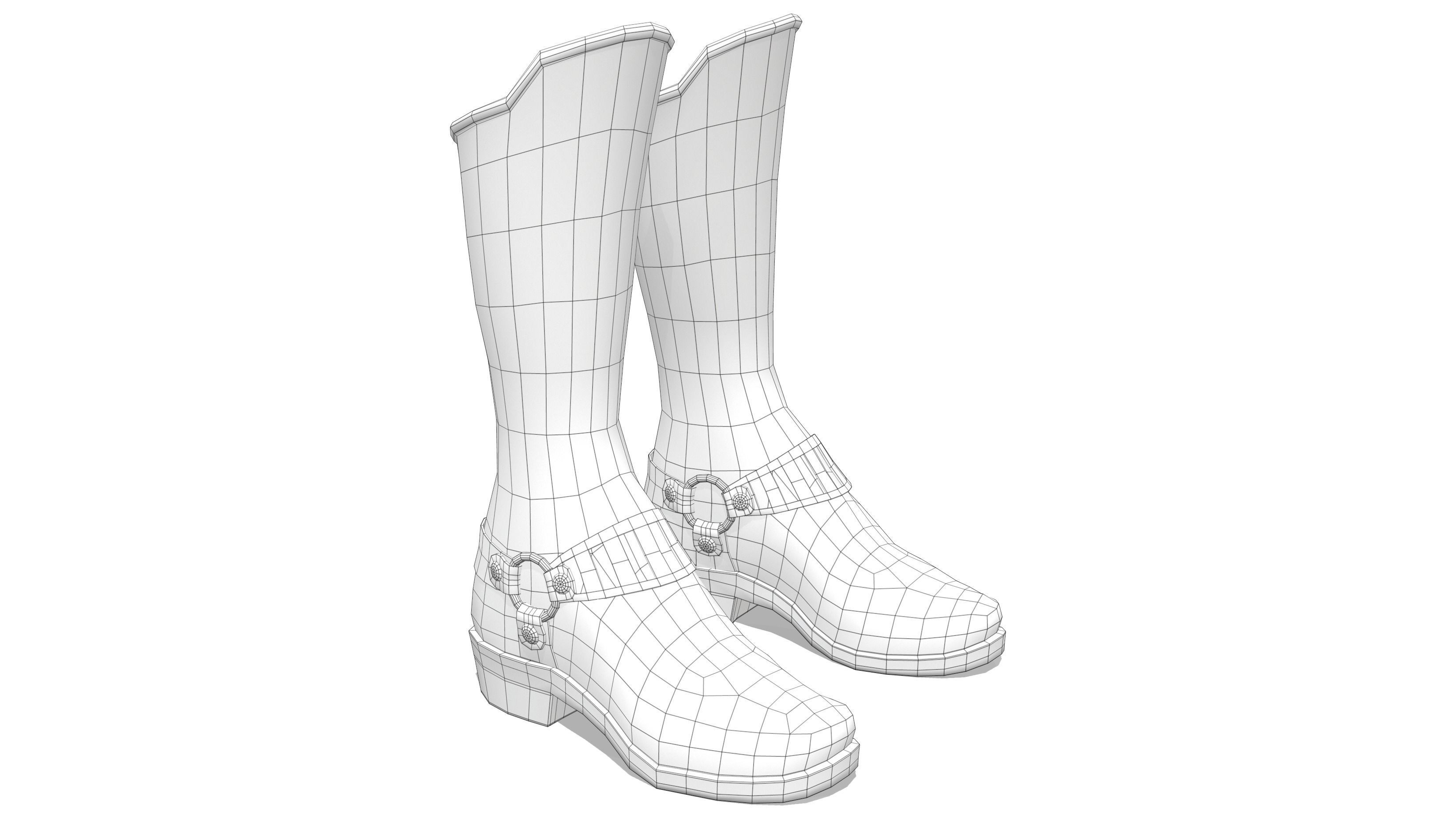 Female Brown Leather Steampunk Cosplay Calf Boots Low-poly 3D model_6