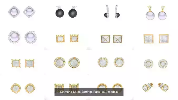 830 Diamond Studs Earrings Pack 3D Model Collection