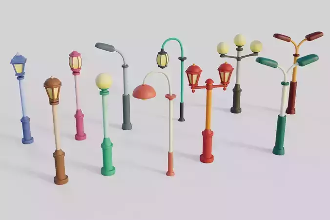 Cartoon Street Lights Collection Low-poly 3D model