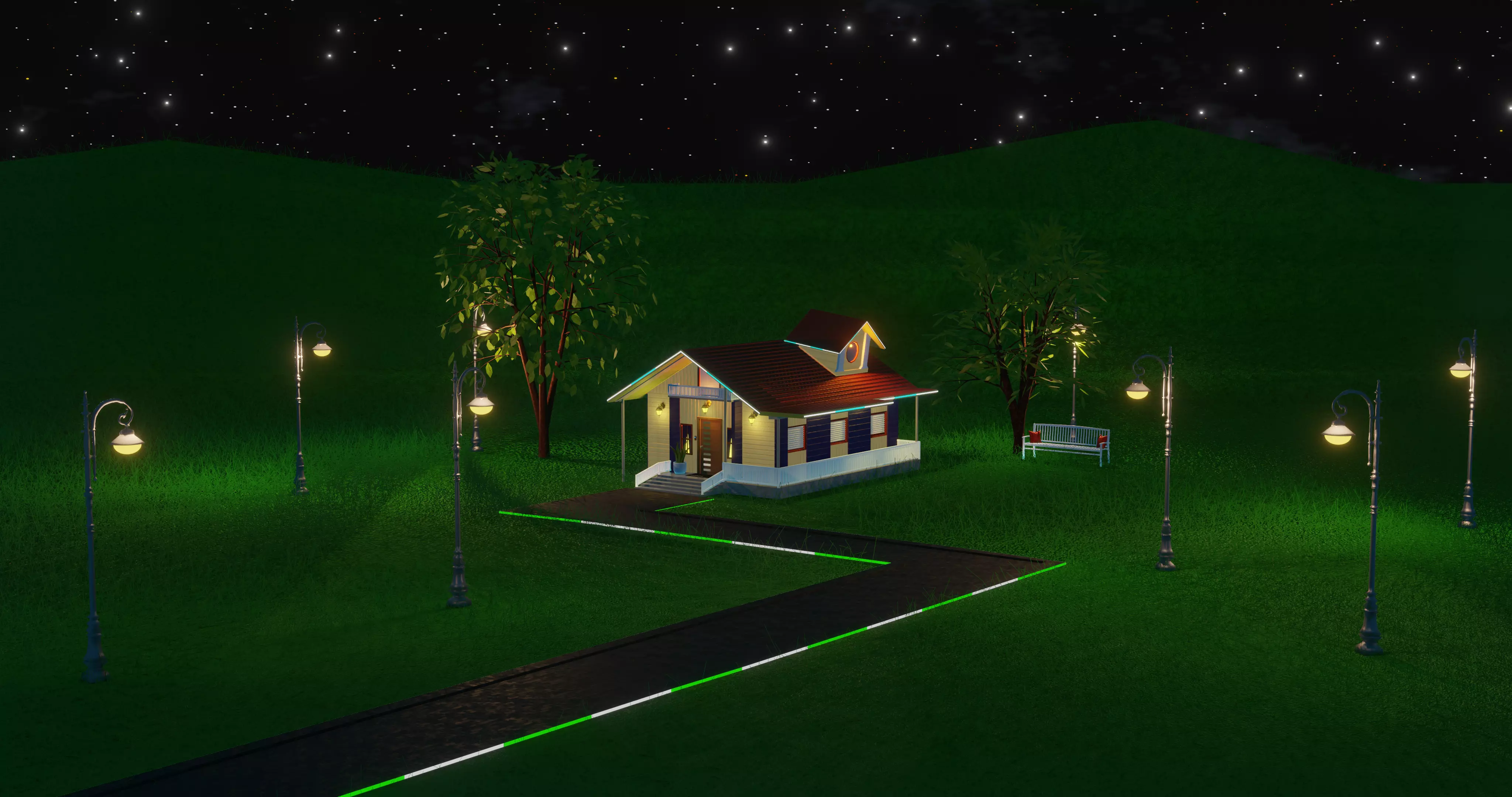 House at night with a starry sky landscape 3D model_0