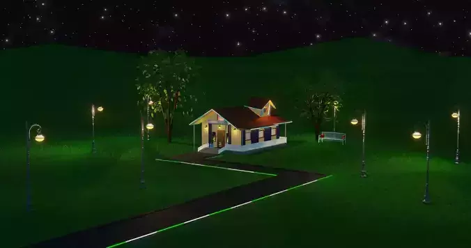 House at night with a starry sky landscape 3D model