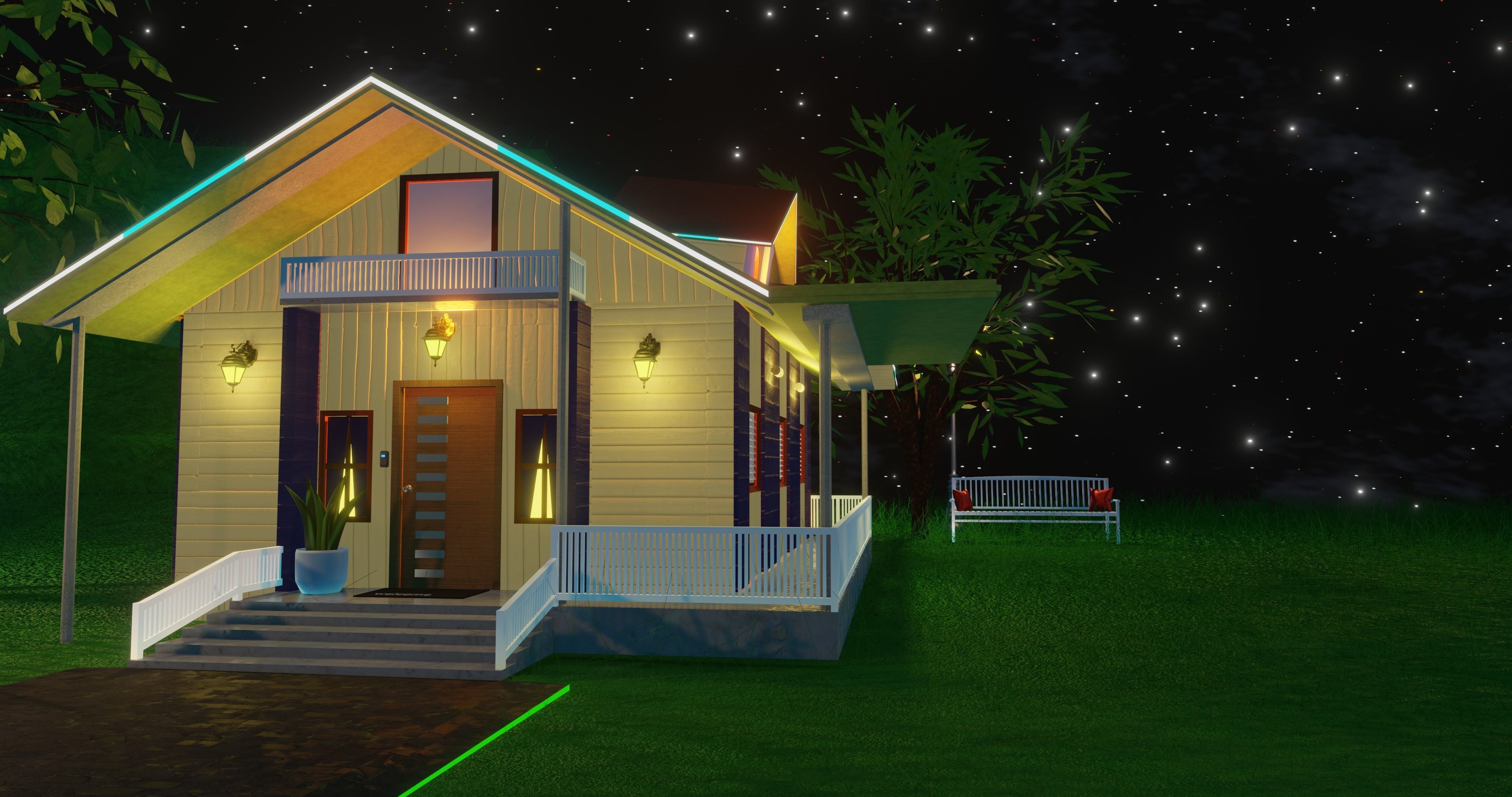 House at night with a starry sky landscape 3D model_10