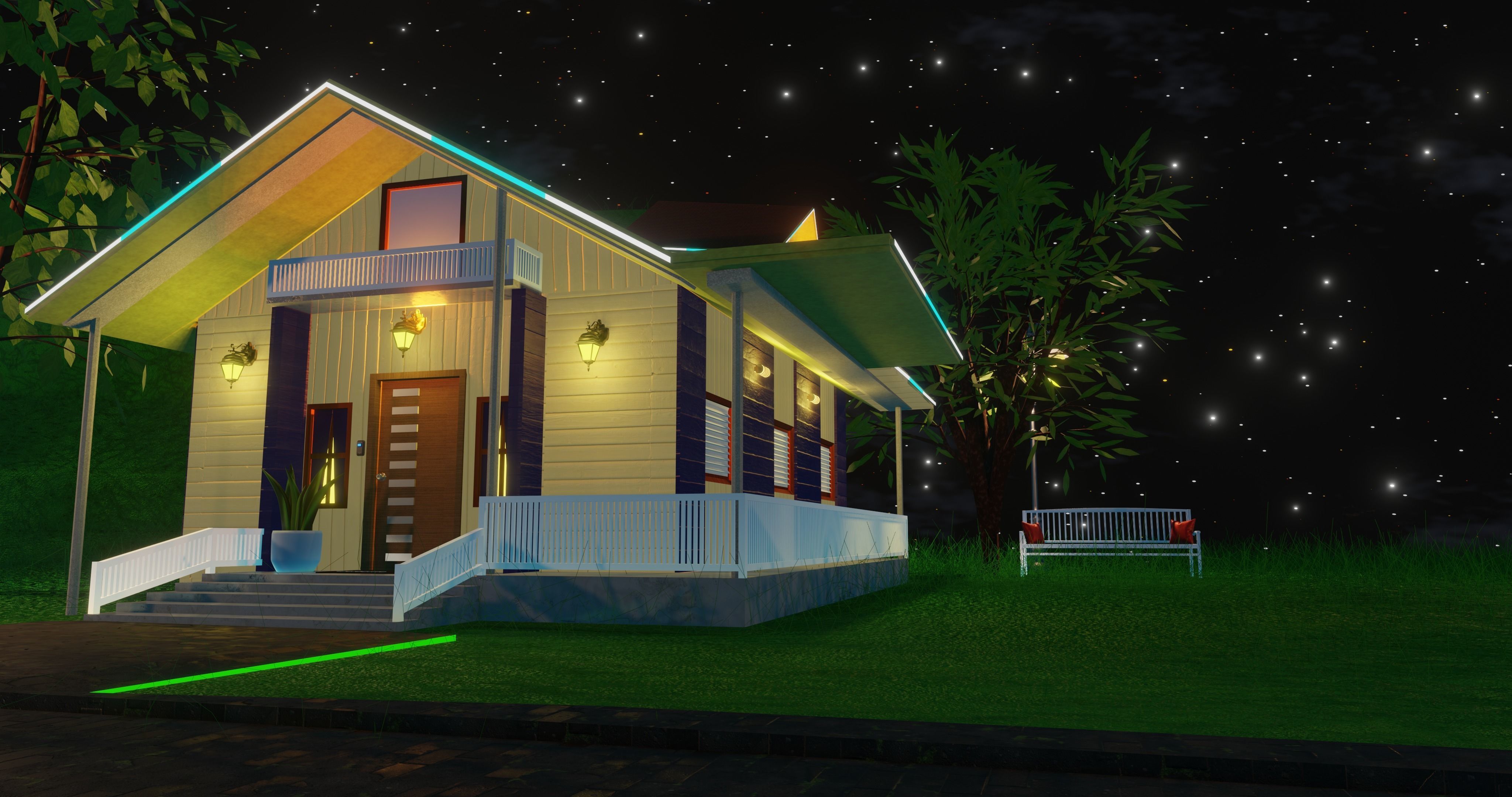 House at night with a starry sky landscape 3D model_1